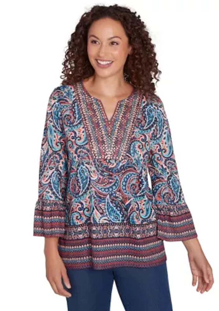 Petite Embellished Placket Paisley Print Slub Jersey Top