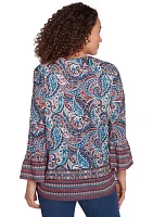 Petite Embellished Placket Paisley Print Slub Jersey Top