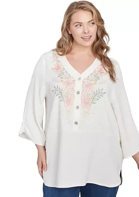 Plus Floral Embroidery Solid Gauze Henley Top