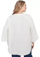 Plus Floral Embroidery Solid Gauze Henley Top