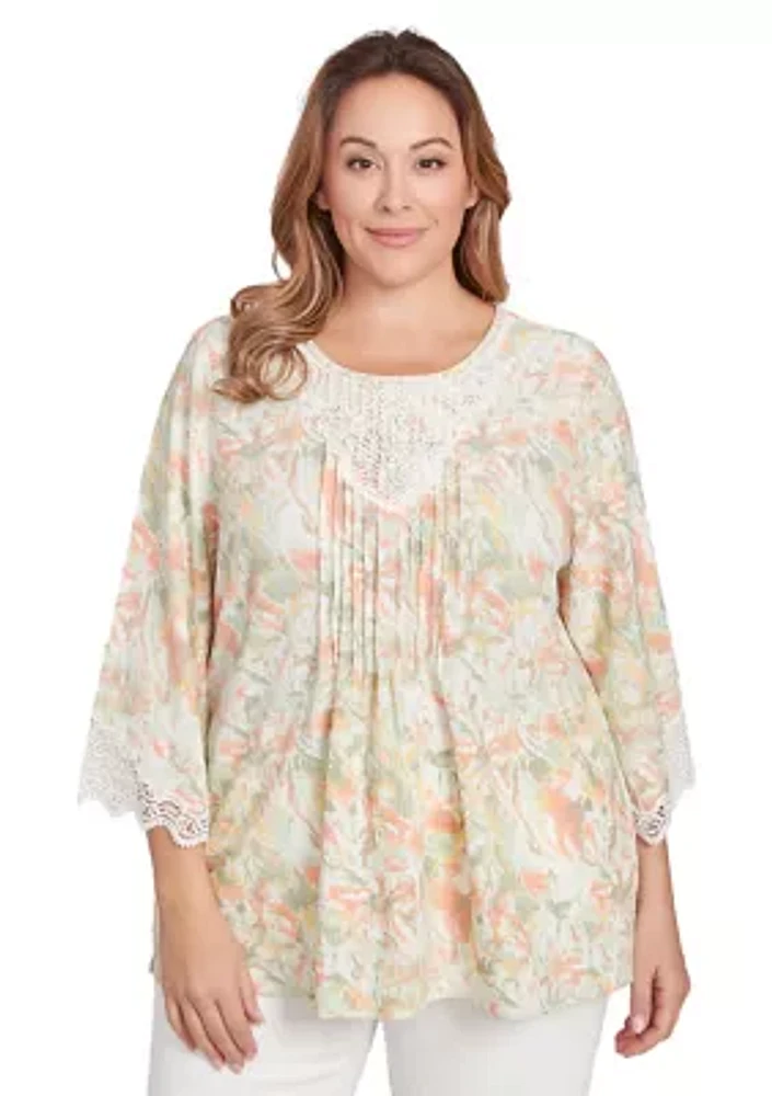 Plus Scoop Neck Watercolor Print Knit Top With Lace Trim