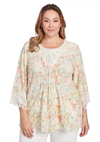 Plus Scoop Neck Watercolor Print Knit Top With Lace Trim