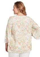 Plus Scoop Neck Watercolor Print Knit Top With Lace Trim