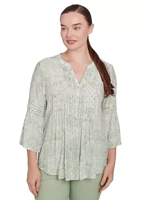 Petite Patchwork Silky Gauze Ruffled Henley Top