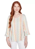 Petite Tropical Stripe Puff Print V-Neck Top