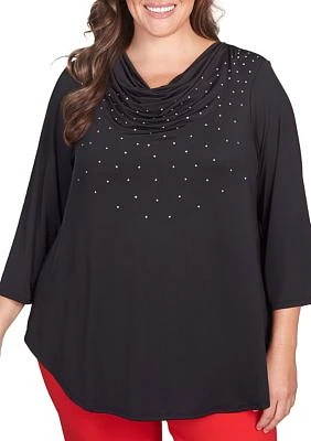 Plus Studded Silk Draped Cowl Neck Top