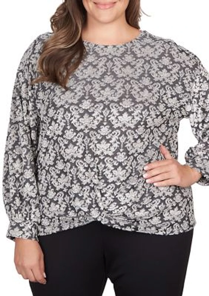 Plus Tapestry Print Textured Velour Top