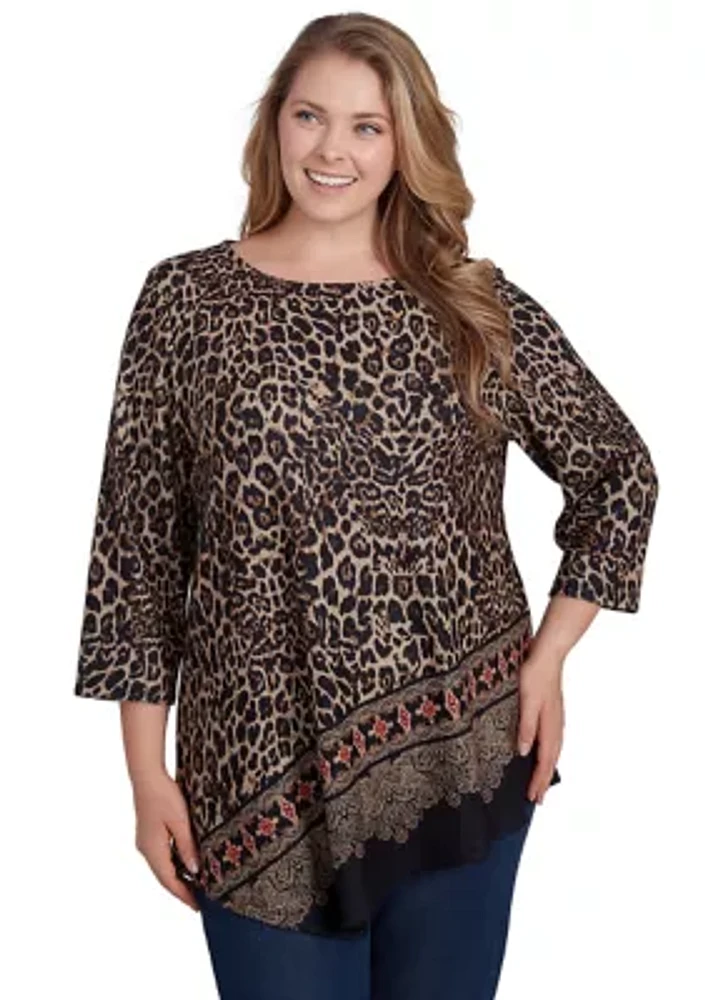 Plus Boat Neck Animal Printed Hacci Knit Top with Asymmetric Paisley Border Print Hem