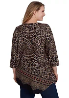 Plus Boat Neck Animal Printed Hacci Knit Top with Asymmetric Paisley Border Print Hem