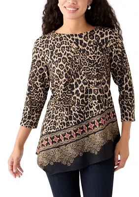 Petite Animal Printed Hacci Knit Top with Asymmetric Paisley Border Print Hem