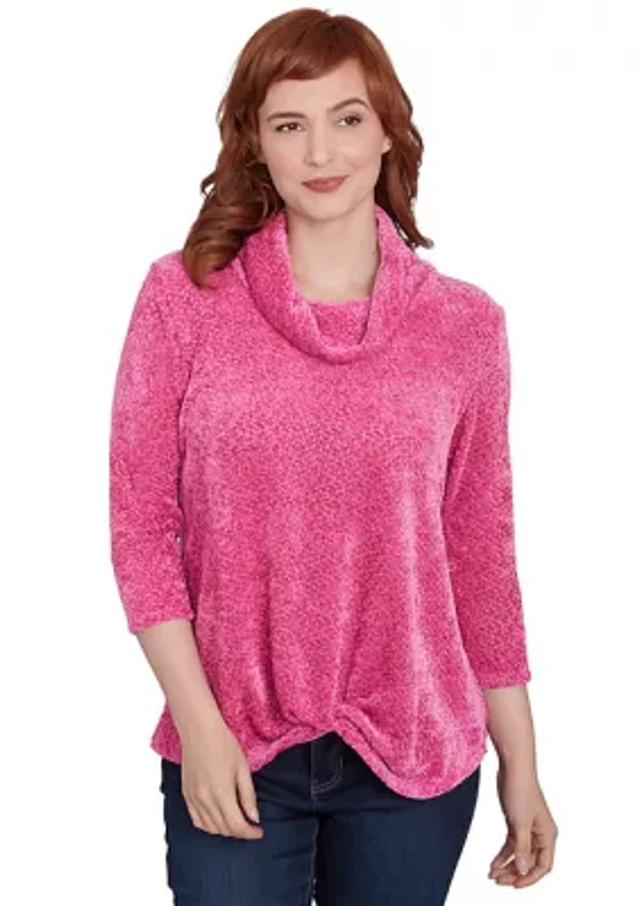 Women's Cowl Neck Chenille Shine Knit Top with Twist Front