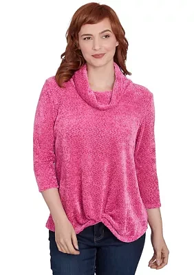 Women's Cowl Neck Chenille Shine Knit Top with Twist Front