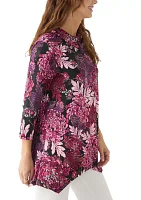 Women's Split Cowl Neck Bold Blooms Dew Drop Printed Knit Shark Bite Top