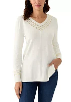 Women's V-Neck Grommet Embellished Fine Gauge Pullover Sweater