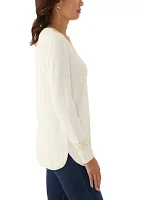 Women's V-Neck Grommet Embellished Fine Gauge Pullover Sweater