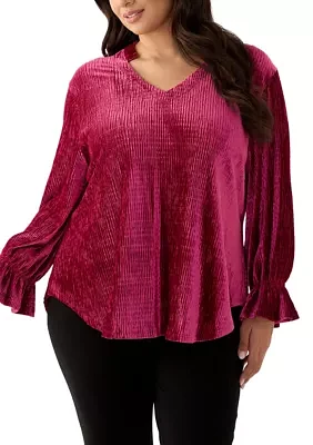 Plus V-Neck Smocked Velvet Top With Three Quarter Gathered Sleeves