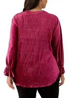 Plus V-Neck Smocked Velvet Top With Three Quarter Gathered Sleeves