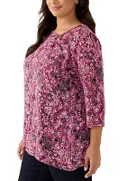 Plus Ring Neck Medallion Print Hatchi Knit Top with Asymmetric Hem