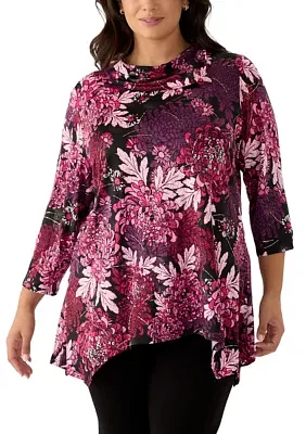 Plus Split Cowl Neck Bold Blooms Dew Drop Printed Knit Sharkbite Top