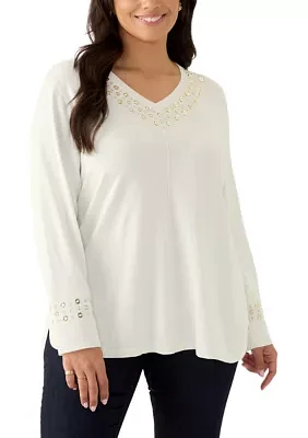 Women's V-Neck Grommet Embellished Fine Gauge Pull Over Sweater