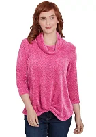 Petite Cowl Neck Chenille Shine Knit Top with Twist Front