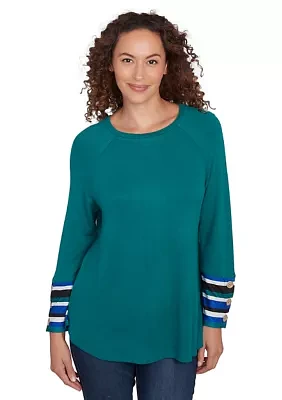 Plus Crew Neck Solid Hatchi Knit Top with Striped Cuff Detail