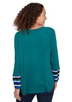 Plus Crew Neck Solid Hatchi Knit Top with Striped Cuff Detail