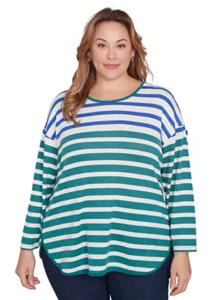 Plus Crew Neck Stripe Hatchi Knit Top