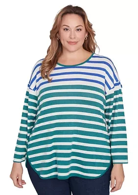 Plus Crew Neck Stripe Hatchi Knit Top