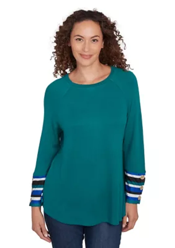 Petite Crew Neck Solid Hatchi Knit Top With Striped Cuff Detail