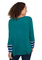 Petite Crew Neck Solid Hatchi Knit Top With Striped Cuff Detail