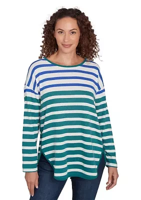 Petite Crew Neck Stripe Hatchi Knit Top