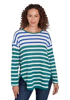 Petite Crew Neck Stripe Hatchi Knit Top