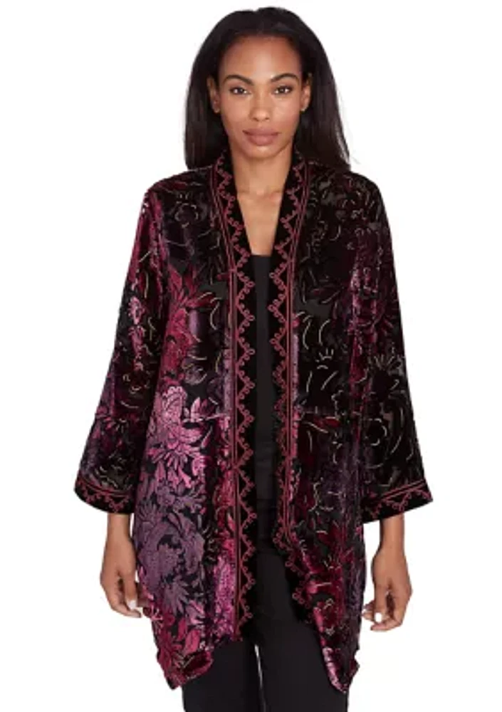 Women's Open Front Velvet Burnout Cardigan with Embroidered Trim