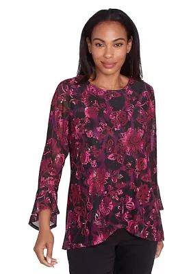 Women's Scoop Neck Floral Printed Mesh Top With Flounce Sleeves