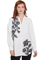 Plus Mandarin Collar Button Front Embellished Floral Placement Print Crepe Top with Long Sleeves