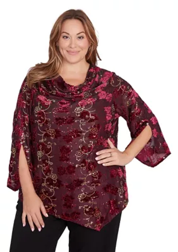 Plus Scooped Cowl Neck Sequin Velvet Floral Iridescent Top with Asymmetric Hem