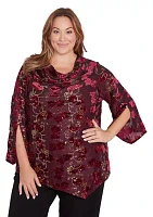 Plus Scooped Cowl Neck Sequin Velvet Floral Iridescent Top with Asymmetric Hem