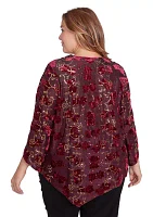 Plus Scooped Cowl Neck Sequin Velvet Floral Iridescent Top with Asymmetric Hem