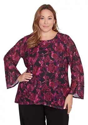 Plus Scoop Neck Floral Printed Mesh Top with Bell Sleeves