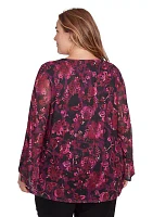 Plus Scoop Neck Floral Printed Mesh Top with Bell Sleeves