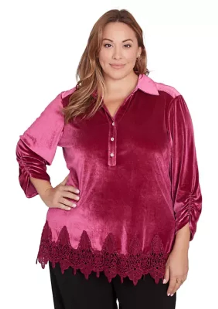 Plus Shirt Collar Stretch Velvet Top with Lace Trim Detail and Three Quarter Ruched Sleeves