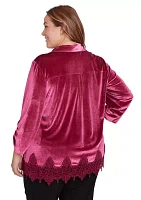 Plus Shirt Collar Stretch Velvet Top with Lace Trim Detail and Three Quarter Ruched Sleeves