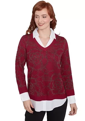 Plus Floral Metallic Jacquard Sweater with Poplin Shirting TwoFer Top