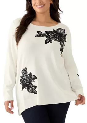 Plus Scoop Neck Fine Gauge Pull Over Sweater with Floral Lace Applique