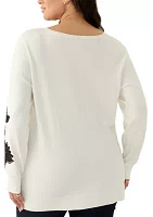 Plus Scoop Neck Fine Gauge Pull Over Sweater with Floral Lace Applique