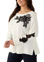 Plus Scoop Neck Fine Gauge Pull Over Sweater with Floral Lace Applique