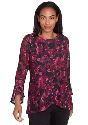 Petite Scoop Neck Floral Printed Mesh Top with Flounce Sleeves