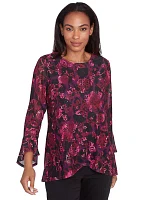 Petite Scoop Neck Floral Printed Mesh Top with Flounce Sleeves