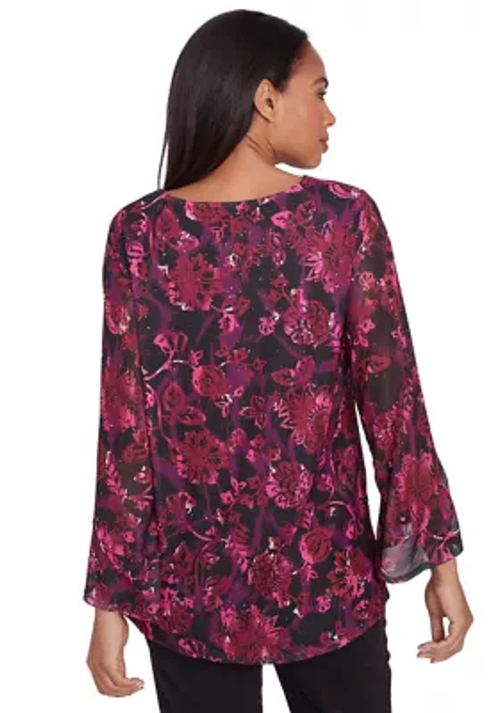 Petite Scoop Neck Floral Printed Mesh Top with Flounce Sleeves